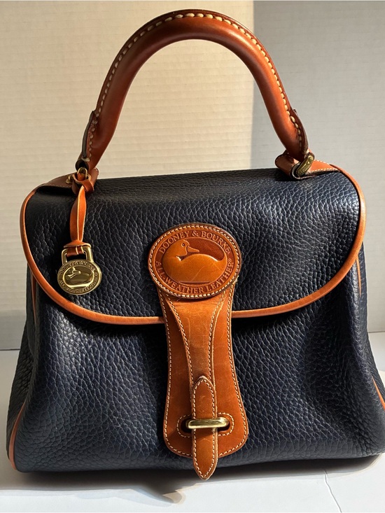 Dooney & Bourke Handbags - Vintage 80’s Dooney & Bourke Black Pebbled Leather Satchel with Brown Trim Navy